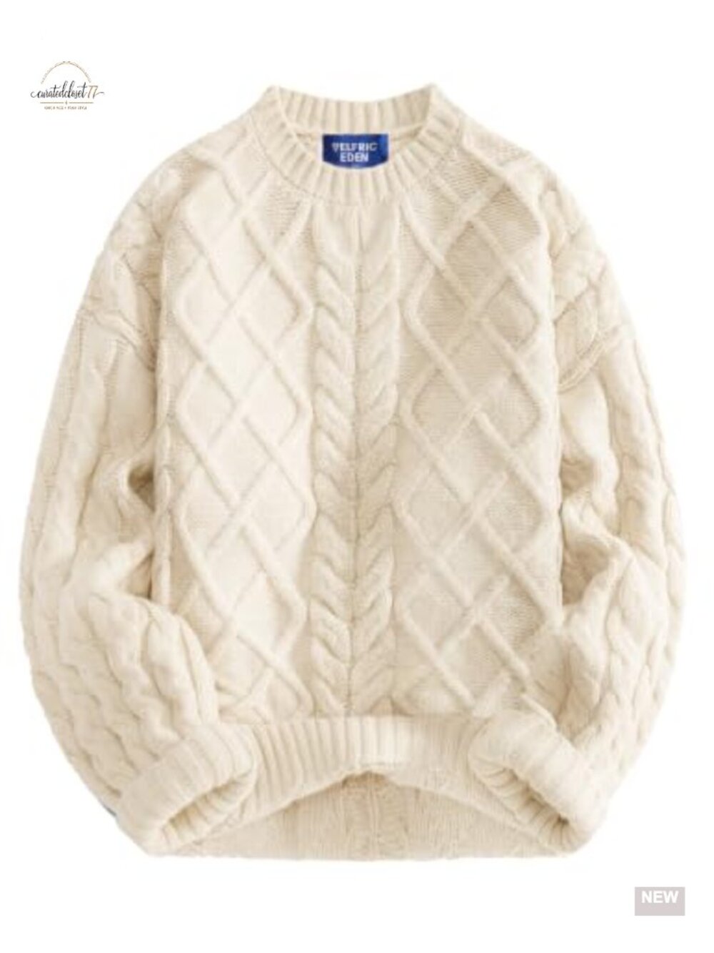 Oversized Cable Knit Sweater Crewneck Lantern Sleeve Pullover